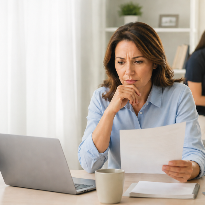 NDIS participant representative assessing care provider information in a supportive home environment