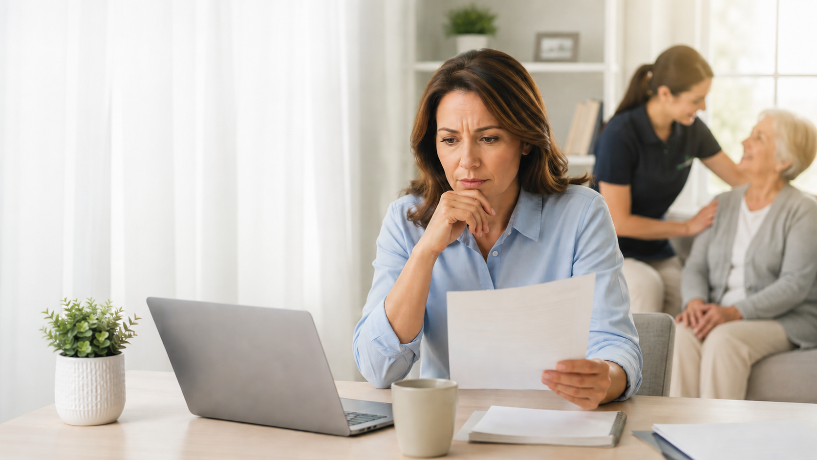 NDIS participant representative assessing care provider information in a supportive home environment